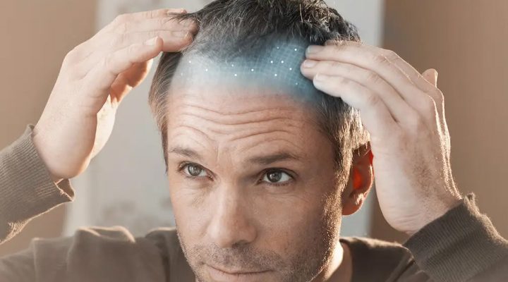 Man looking at his hairline while touching his head; blue digital scalp scan overlay in the foreground.