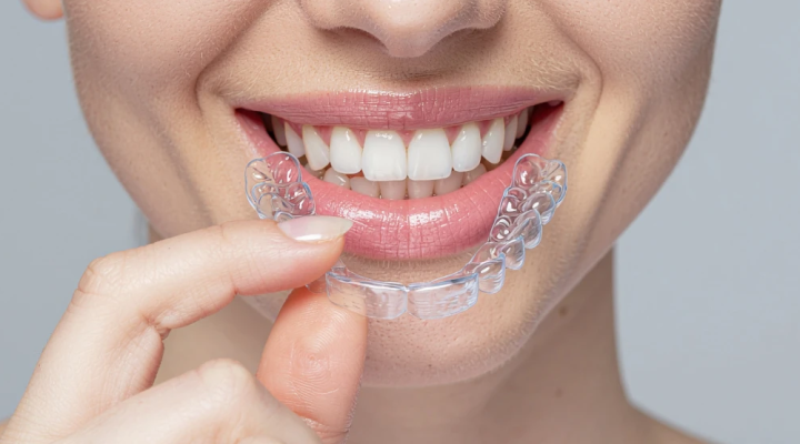 Close-up of a person smiling while holding a clear dental retainer against their teeth